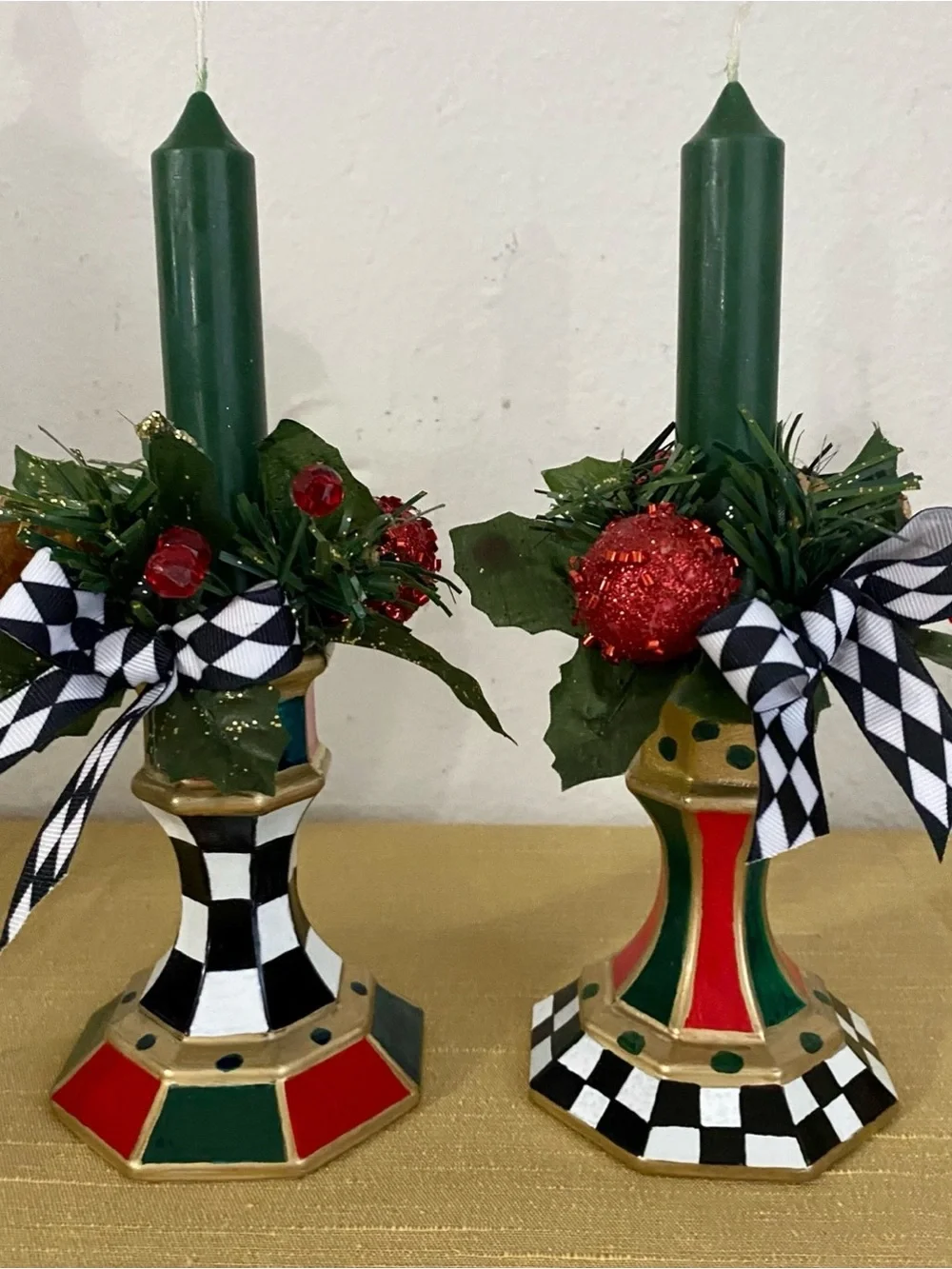 MacKenzie Childs inspired whimsical hand painted candlesticks with candles